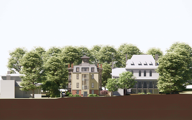 Elevation of the project (center) facing west from Whitney Avenue, rendering by Christopher Williams Architects, courtesy of Yale Office of Facilities