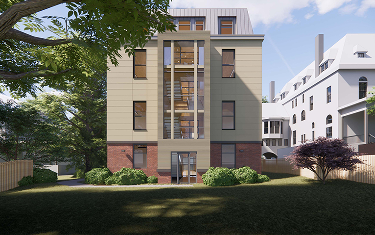 Elevation of the project (center) facing west from Whitney Avenue, rendering by Christopher Williams Architects, courtesy of Yale Office of Facilities