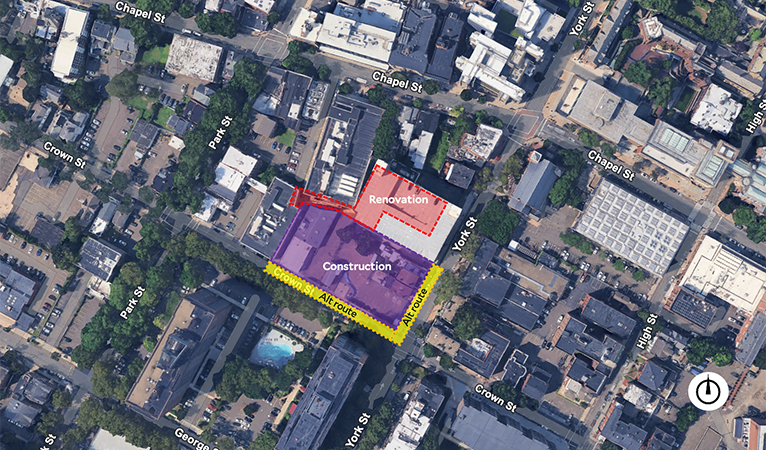 Aerial view of the Dramatic Arts Building site at Crown and York Streets