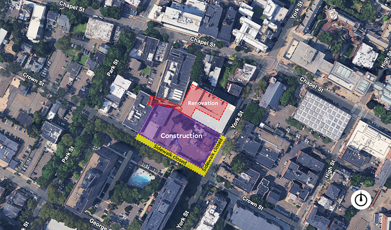 Aerial view of the Dramatic Arts Building site at Crown and York Streets