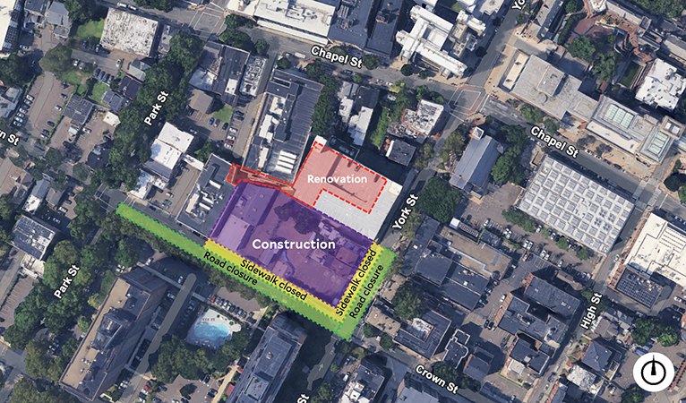 Aerial view of the Dramatic Arts Building site at Crown and York Streets